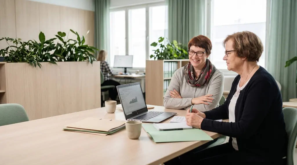Kaksi tilitoimiston työntekijää käy läpi asiakkaan papereita kannettavan tietokoneen ääressä