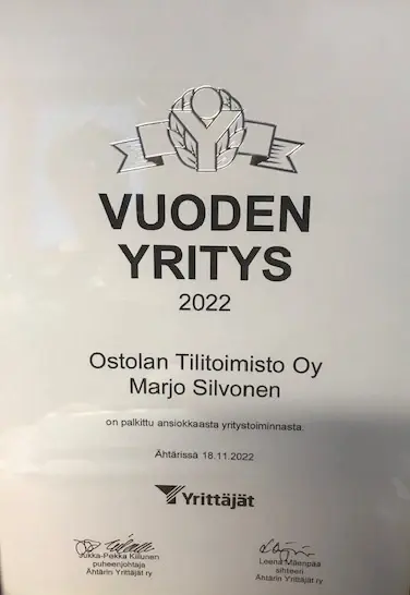 Vuoden yritys 2022 -diplomi: Ostolan Tilitoimisto Oy ja Marjo Silvonen